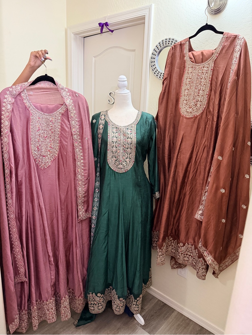 Anarkali Set in Pink, Green, and Rust
